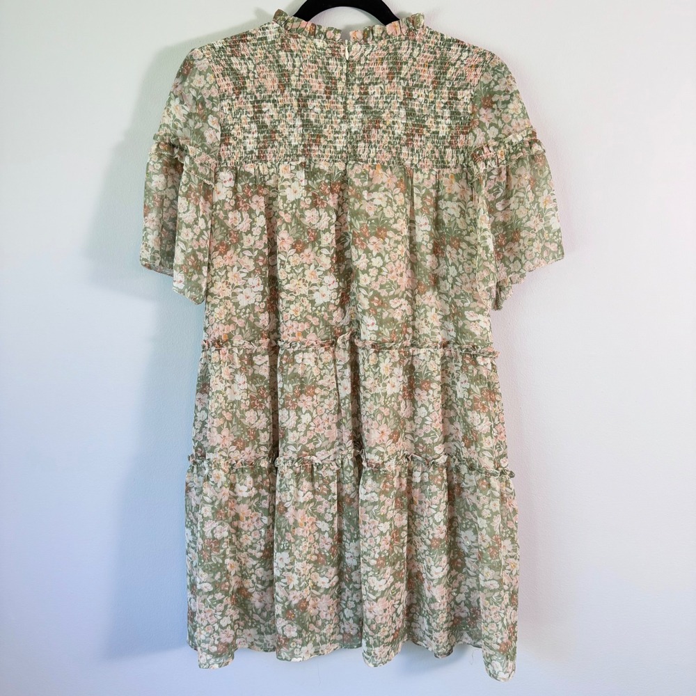 Karlie Floral Smocked Tiered Mini Dress Sage Green Cottagecore Boho Size L $119 - Picture 2 of 9